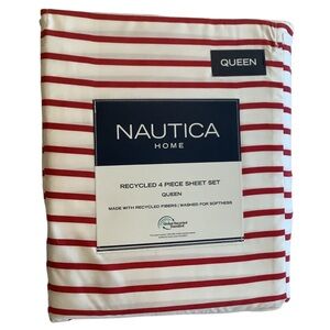 Nautica Home Red & White Handsome Stripe Print Queen Sheet Set New